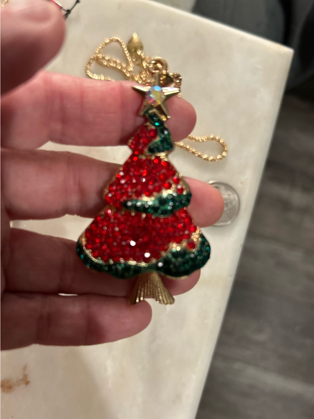 Private Label Gold-Tone Red & Green Crystal Christmas Tree Pendant Necklace